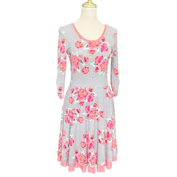 Matilda Jane Dresses & Skirts - Matilda Jane Womens Grey Pink Floral Fit Flare Dress 3/4 Sleeve XS Marzipan Rose